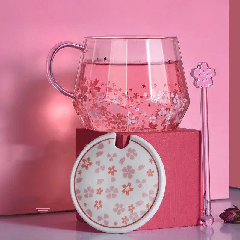Glass Water Cup With Diamond Cherry Blossom Pattern Lovely Girl - Bellarte Enchanté Glass Water Cup With Diamond Cherry Blossom Pattern Lovely Girl